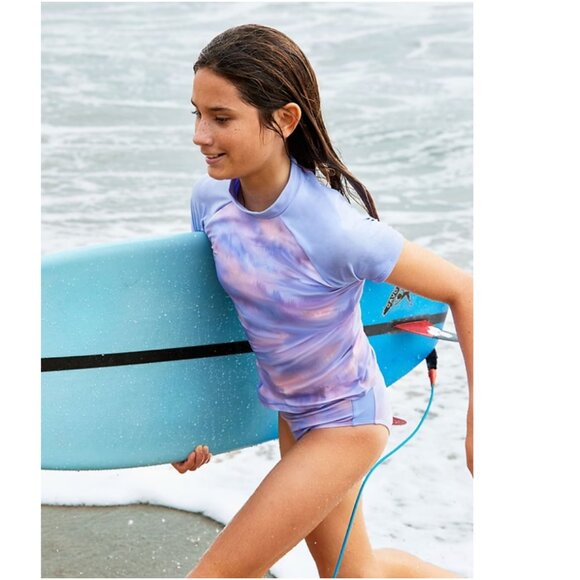 Athleta Girl Mock Neck Rashguard Swim Top Color Sunset Blue and Pink Size XL - Picture 2 of 7